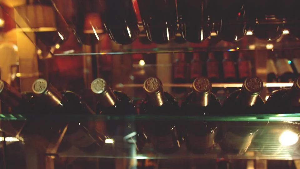 Bouteilles de vin couchées sur les clayettes vitrées d'une cave à vin éclairée